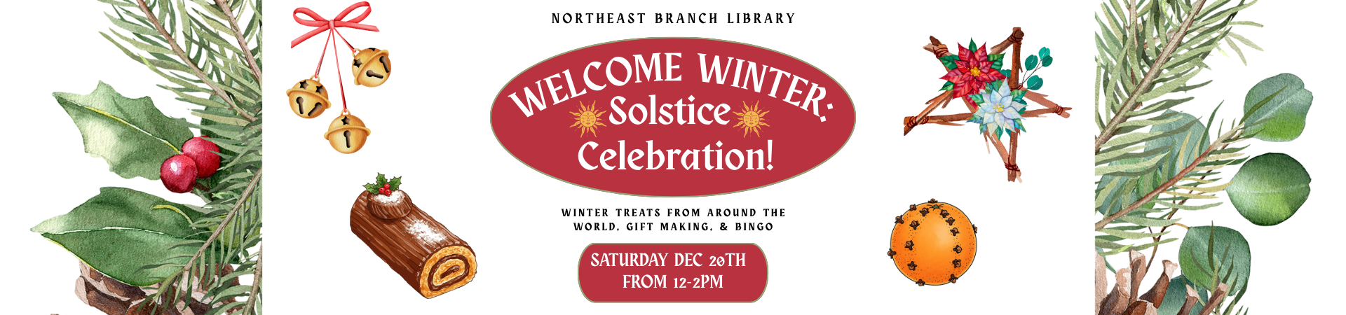 evergreens and red berries, winter solstice decor and winter log