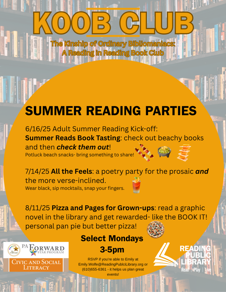 K.O.O.B Club Summer Reading Parties graphic.