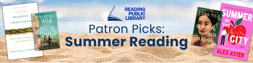 Sand and ocean background with book covers: "Braiding Sweetgrass", "The Secret War of Julia Child", "Lady Tan's Circle of Women", and "Summer in the City".