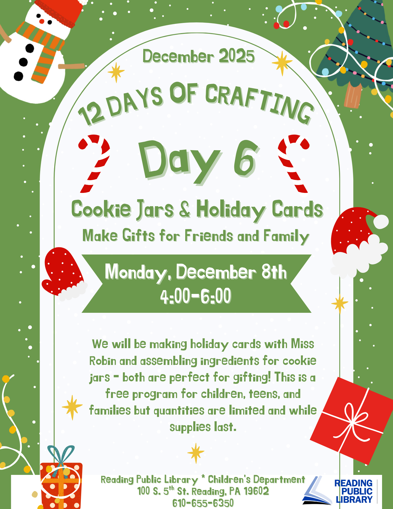 green holiday background. image of text that says '12 days of crafting day 6. cookie jars and holiday cards'.