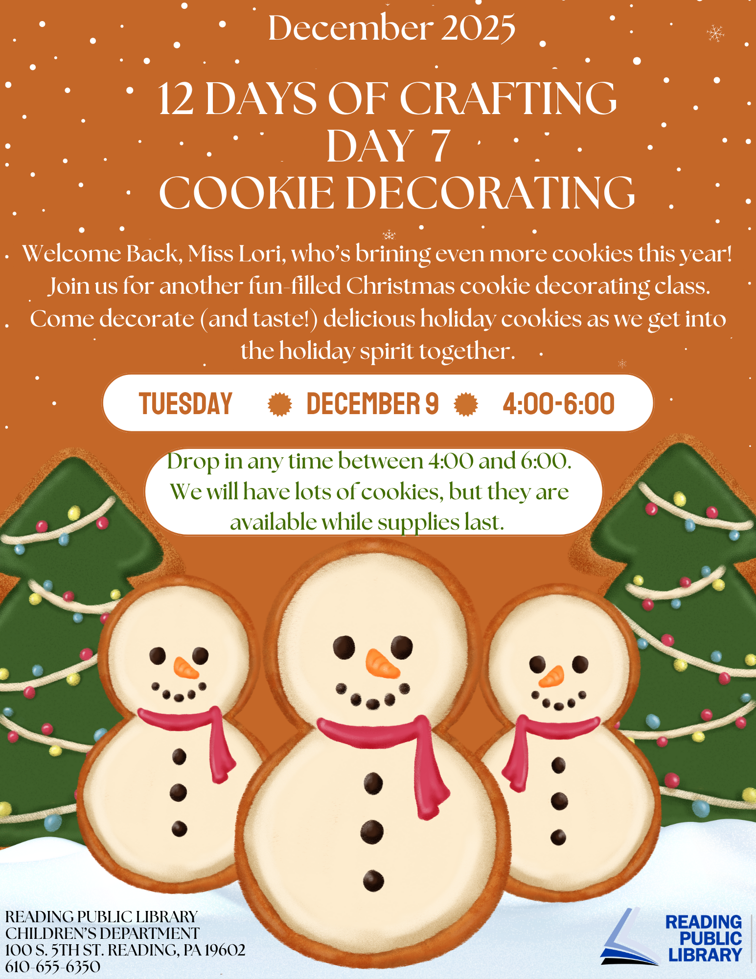 brown background with snowman and christmas tree sugar cookies. image of text that says '12 days of crafting day 7. cookie decorating.'