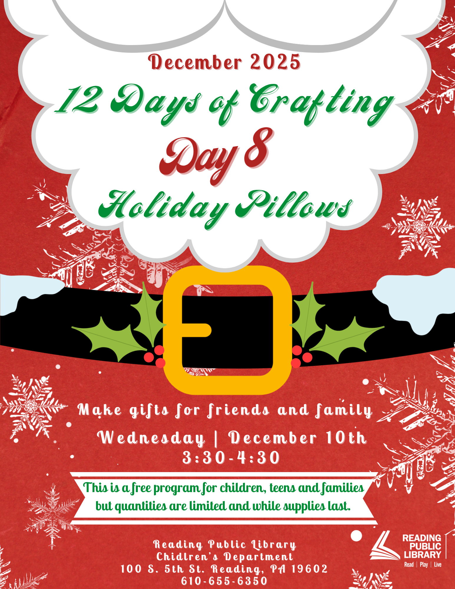 red background with santa beard and belt. text that says '12 days of crafting day 8. holiday pillows'.