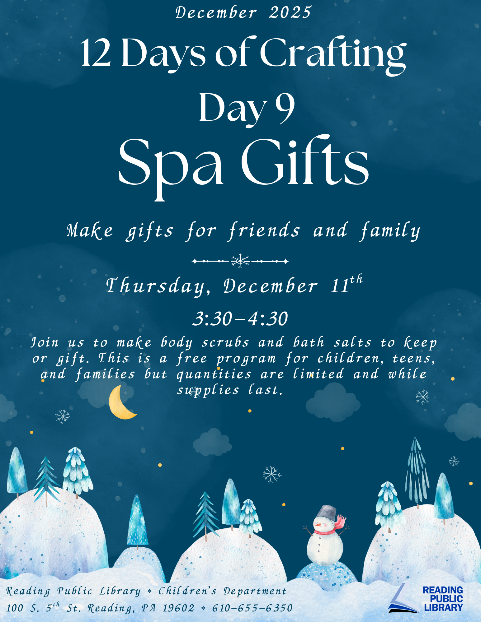 blue snowy background. text that says '12 days of crafting day 9. spa gifts'.