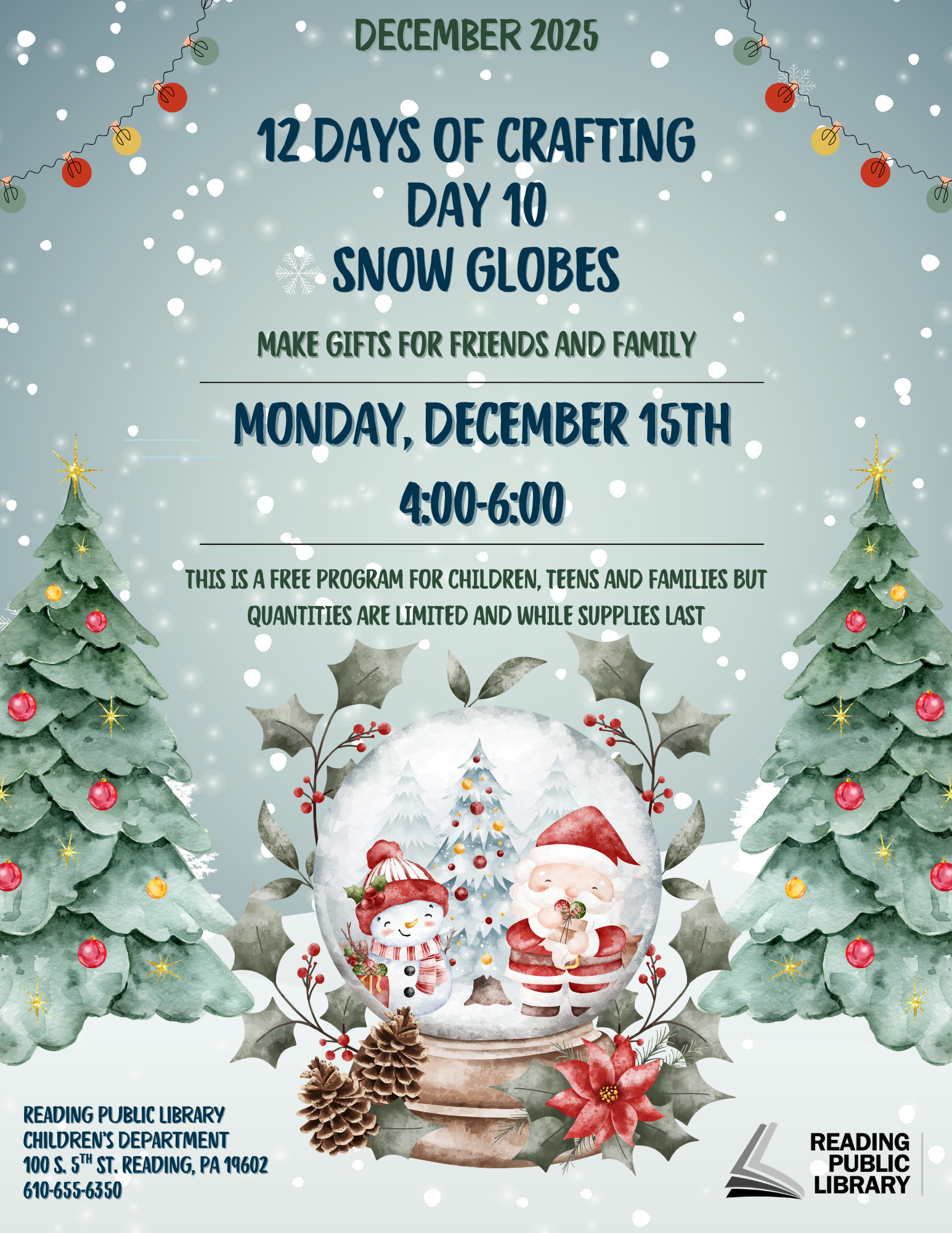 snow globe with snowman and tree inside. snowy grey background. text that says 12 days of crafting day 10, snow globes.