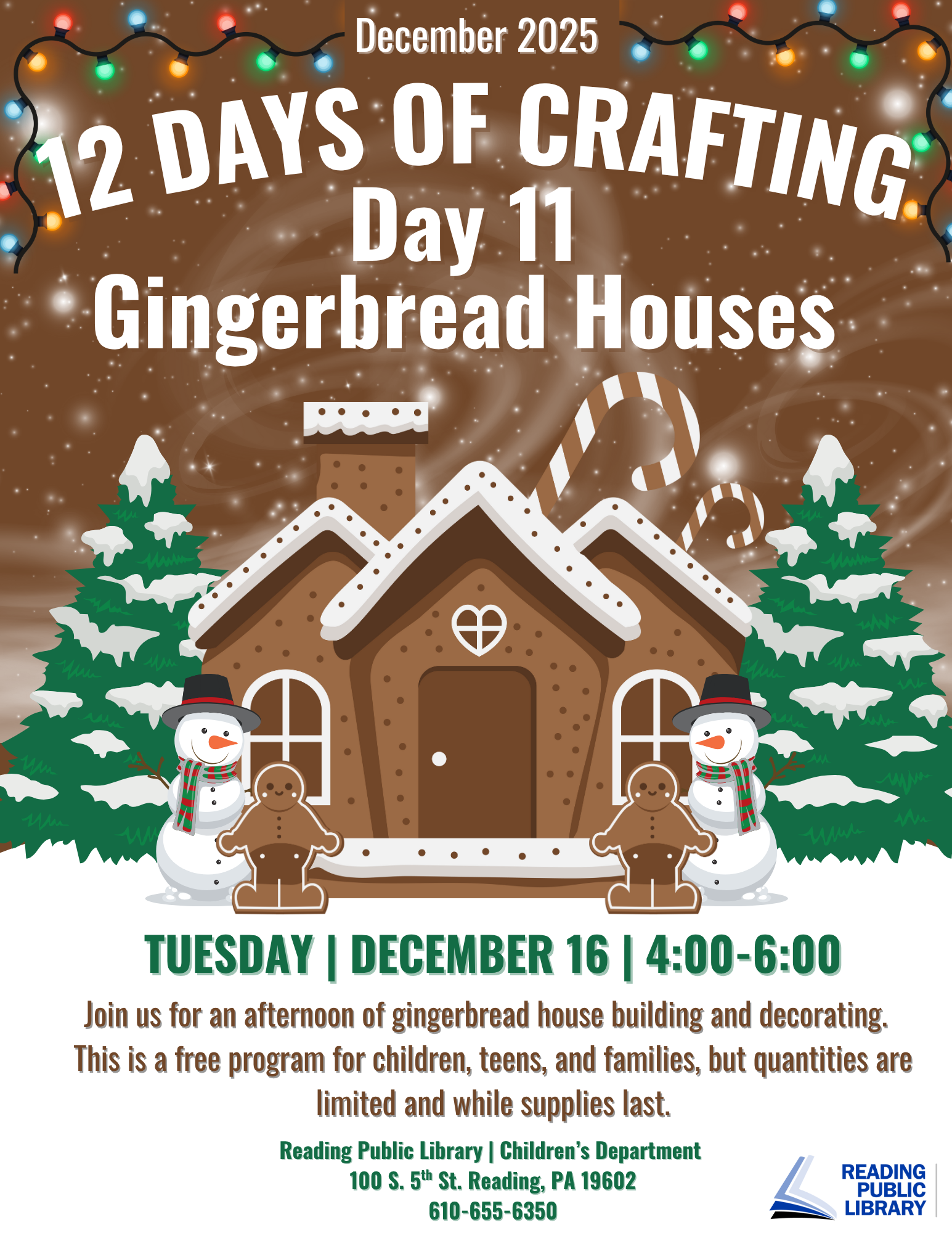 gingerbread house with snowy background. text that says '12 days of crafting day 11. gingerbread houses.'