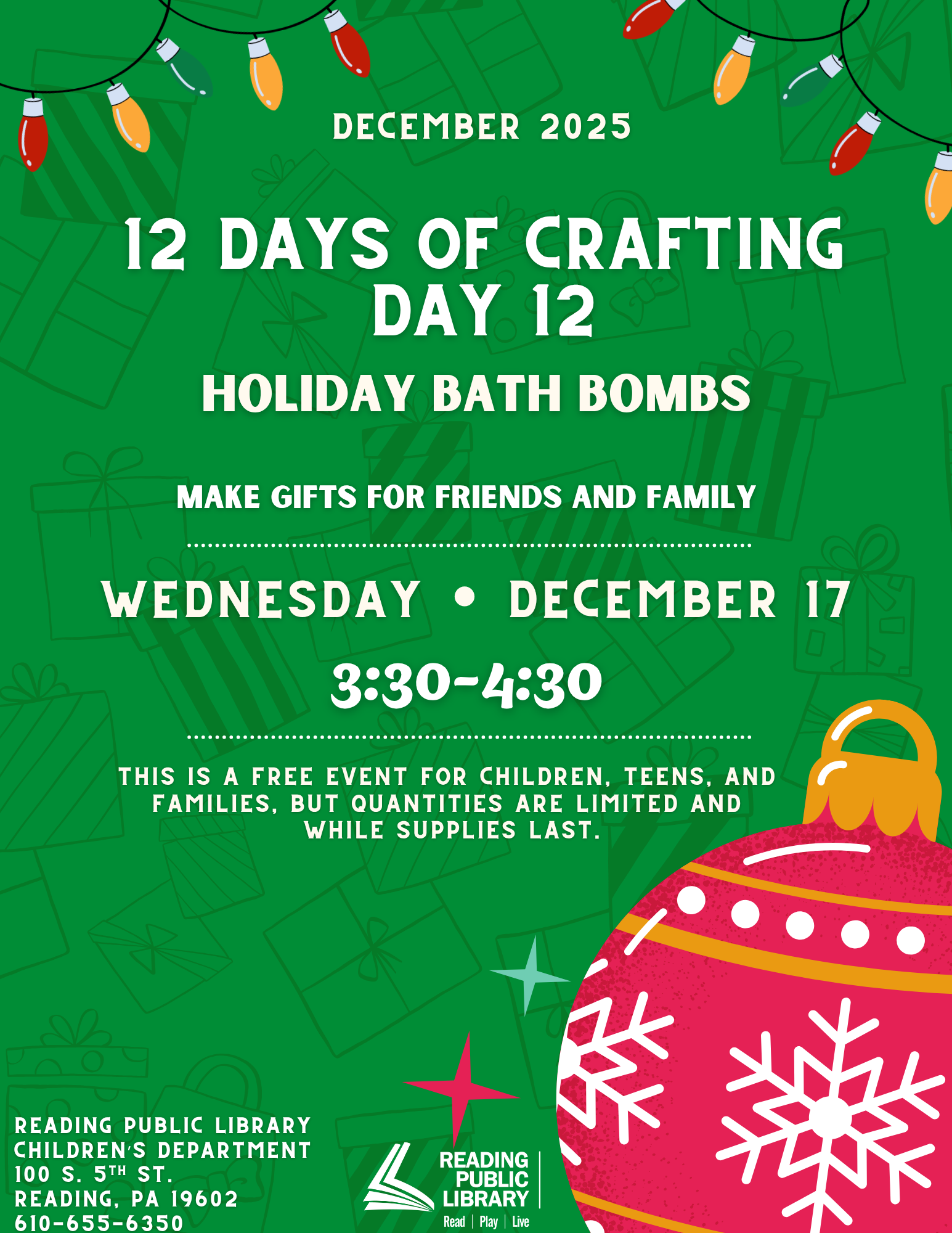 green background with red ornament. text that says '12 days of crafting day 12. holiday bath bombs'.