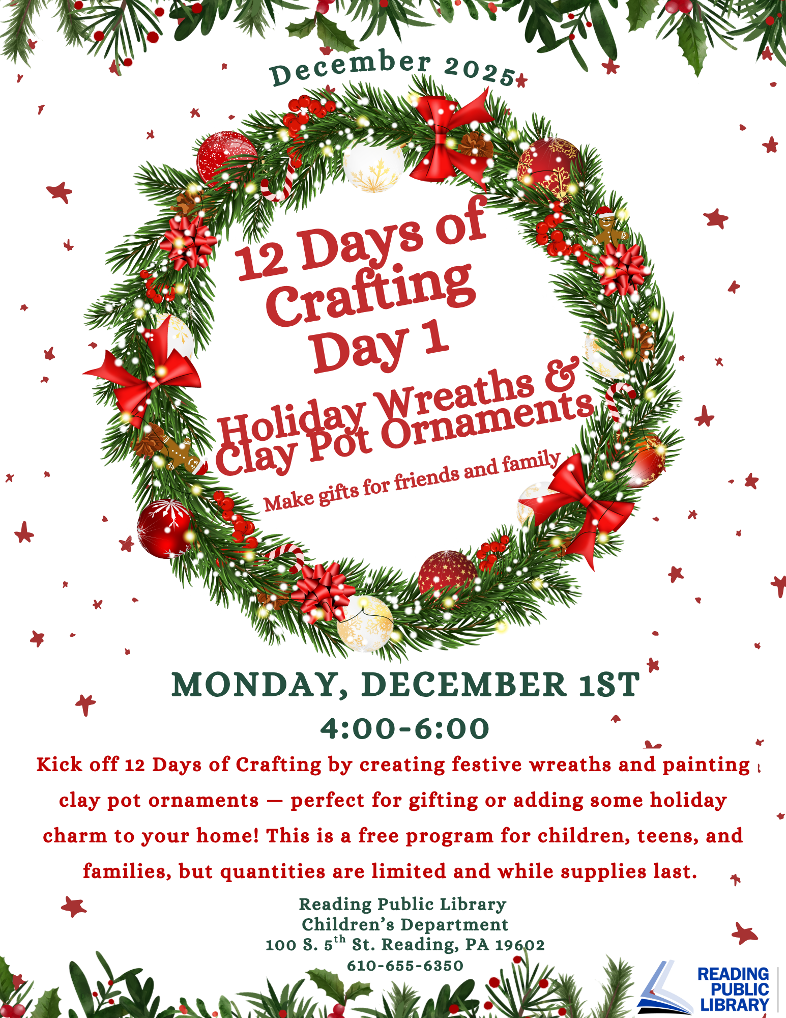 white starry background with assorted foliage. holiday wreath. text that reads '12 days of crafting day 1. holiday wreaths and clay pot ornaments'.