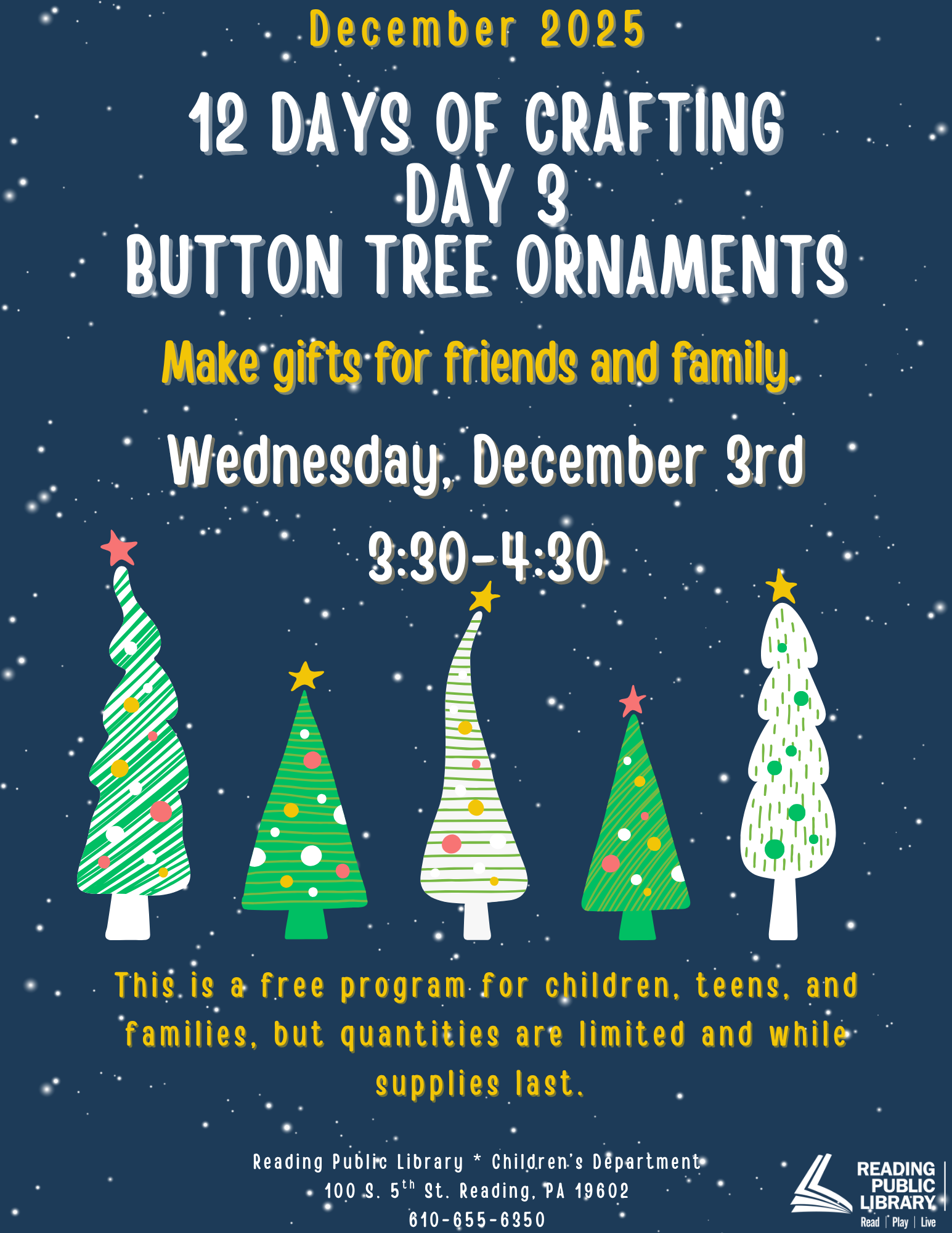 blue snowy background with assorted trees. text that says '12 days of crafting day 3, button tree ornaments'.