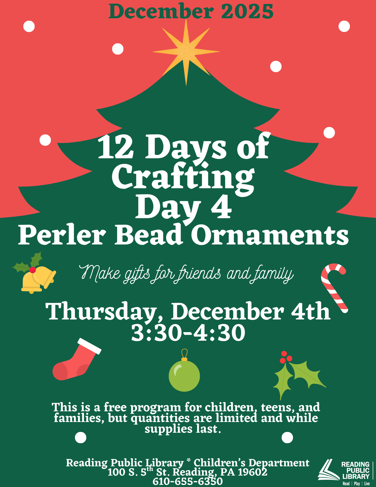 red background, green tree. image of text that says '12 days of crafting day 4. perler bead ornaments'.