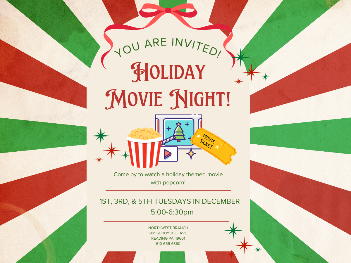 red and striped background with bowl of popcorn, tv, and movie tickets