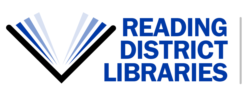 A blue, black, and grey logo that reads Reading District Libraries with a drawing of a book opened at its center